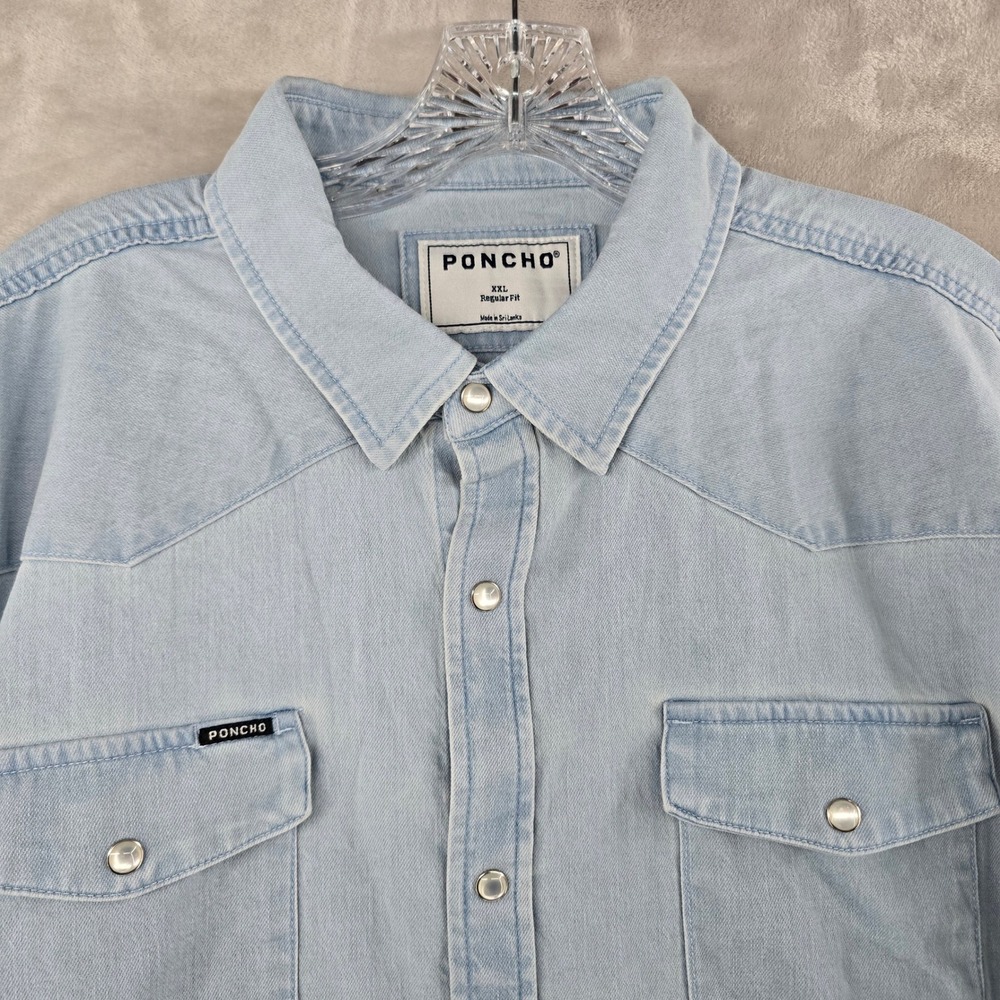 Poncho Western Denim Shirt Men XXL Light Blue Pearl Snap Regular Fit Long Sleeve